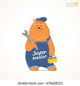 Super cute and funny cartoon bear in working overalls with wrench and a bag with tools. Character animal. Stylish vector illustration