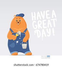 Super cute and funny cartoon bear in working overalls with a brush and paints. Character animal. Children's illustration. Stylish vector