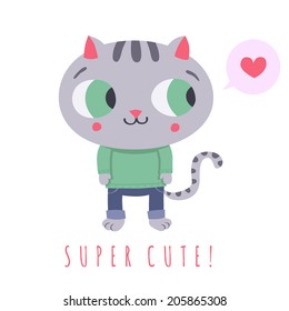 Super cute gray cat in jeans and sweater with speech bubble and heart illustration (card and background)
