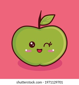 Super cute green apple in kawaii style