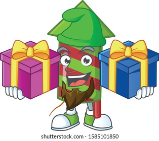 Super cute green stripes fireworks rocket cartoon design with Christmas gifts