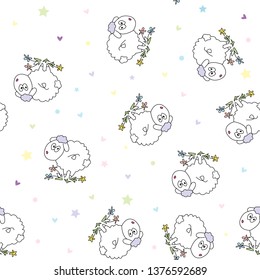 Super cute hand drawn vector sheep and lambs endless texture. Seamless pattern for children design with funny sheep washing, singing, reading, k shy, peek-a-boo, counting.