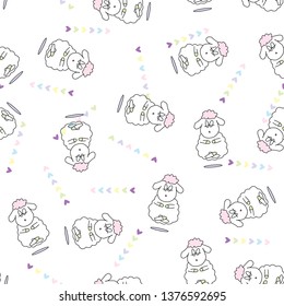 Super cute hand drawn vector sheep and lambs endless texture. Seamless pattern for children design with funny sheep washing, singing, reading, k shy, peek-a-boo, counting.