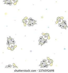 Super cute hand drawn vector sheep and lambs endless texture. Seamless pattern for children design with funny sheep washing, singing, reading, k shy, peek-a-boo, counting.