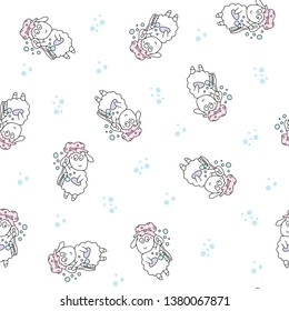 Super cute hand drawn vector sheep and lambs endless texture. Seamless pattern for children design with funny sheep washing, singing, reading, k shy, peek-a-boo, counting.
