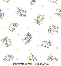 Super cute hand drawn vector sheep and lambs endless texture. Seamless pattern for children design with funny sheep washing, singing, reading, k shy, peek-a-boo, counting.