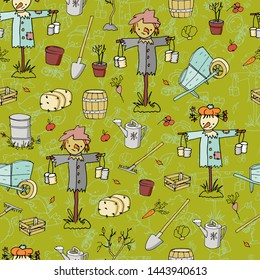 Super cute hand drawn vector farm story characters seamless pattern. Cartoon flat illustration with animals endless texture. Scarecrow wallpapaper