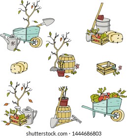 Super cute hand drawn vector gardening art. Set of cartoon drawings illustrating the farming, gardening, planting, harvesting