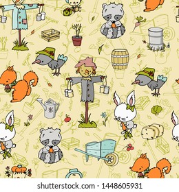 Super cute hand drawn vector farm story characters seamless pattern. Cartoon flat illustration with animals endless texture. Scarecrow wallpapaper