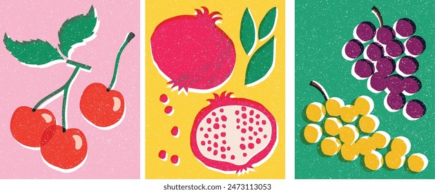 Super Cute hand-made fruit illustration, art print effect, vintage.