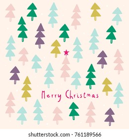 Super cute Holiday background with Fir Trees and a Star. Merry Christmas illustration. Happy winter holidays card design.