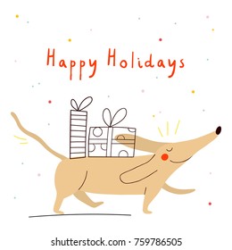 Super cute Holiday Greeting card design. Happy Holidays illustration with Dog and Gift Boxes. Happy New Year and Merry Christmas illustration. 