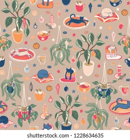 Super cute Hygge Christmas home chill out with hot drinks, home plants and cats. Seamless vector repeat pattern background.