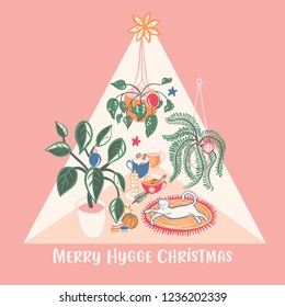 Super cute Hygge Christmas home chill out scene with hot drinks, home plants and a white cat vector illustration.