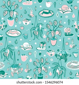 Super cute Hygge Christmas home chill out with hot drinks, home plants and cats on aqua background. Seamless vector repeat pattern background. Scandinavian style for fabric, giftwrap or backgrounds.