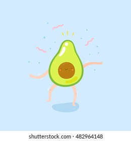 Super cute illustration with Dancing Avocado. Funny vegetable drawing in cartoon style. Smiley Avocado character.