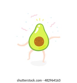 Super cute illustration with Dancing Avocado. Funny vegetable drawing in cartoon style. Smiley Avocado character.