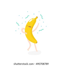Super cute illustration with Dancing Banana. Funny fruit drawing in cartoon style. Smiley Banana character.