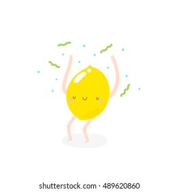 Super cute illustration with Dancing Lemon. Funny fruit drawing in cartoon style. Smiley Citrus character.