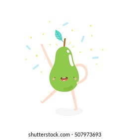 Super cute illustration with Dancing Pear. Funny fruit drawing in cartoon style. Smiley Pear character.
