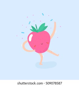 Super cute illustration with Dancing Strawberry. Funny fruit drawing in cartoon style. Smiley Strawberry character.