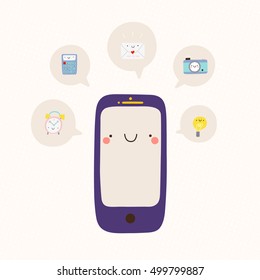 Super cute illustration of a Phone with Speech bubbles. Vector smiley cartoon Mobile Phone character with different icons.