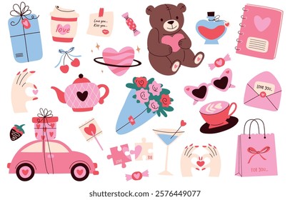 Super cute illustration set for valentine's day. Gift, heart, bouquet, bear, candy and other elements. Hand drawn elements for festive cards, textiles and stickers.