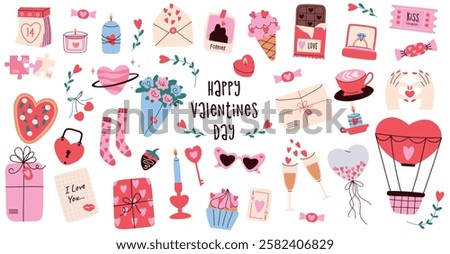 Super cute illustration set for valentine's day. Hand drawn elements for festive cards, textiles and stickers.	
