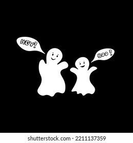 Super Cute kids ghosts characters vector pattern. Two White smiling ghosts on black background with text HEY! Boo!. Children clothes template, for wrapping, textile, t-shirts, backdrop.