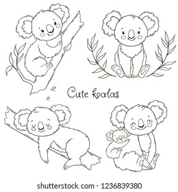 Super cute koala bears. Coloring book page for childrens.