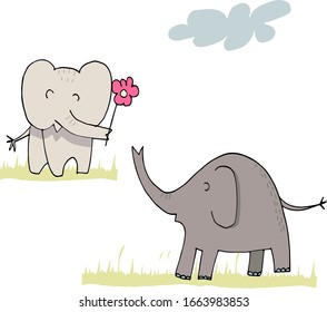 Super cute mommy and baby elephants playing, giving flower, having fun. Hand drawn color wild animal character.Isolated cartoon illustration