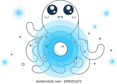Super cute octopus with tentacles.Flat modern design,thin line vector isolated illustration on white background.Blue magical shiny circles.Underwater ocean world with character mascot and luxury pearl