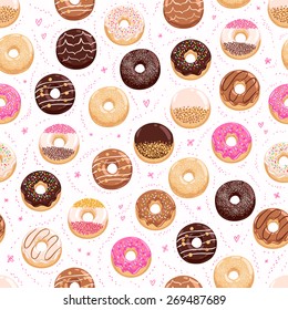 Super cute party pastry print with donuts and little hearts, bakery decorations, vector seamless pattern