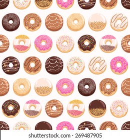 Super cute party pastry print with donuts, made with all kinds of icing, lined in rows, bakery decorations, vector seamless pattern