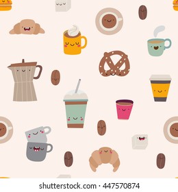 Super cute pattern with Coffee icons - cups, coffee pot, macaroons, sugar, latte and other tasty elements. Hand drawn Smiley characters about Coffee and sweets. But First Coffee illustrated pattern.