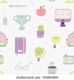 Super cute pattern with Education icons - computer, phone, notebook, coffee, photo camera and other stuff. Back to school texture background.