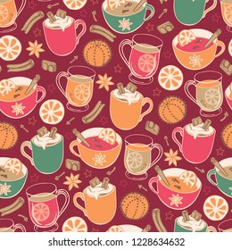 Super cute red Hygge Christmas hot drinks and spices seamless vector repeat pattern background.