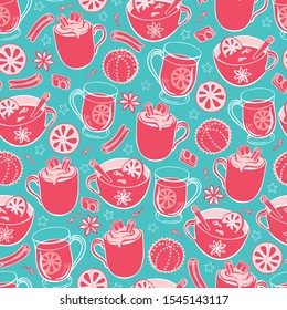 Super cute red and white Hygge Christmas hot drinks and spices. Seamless vector repeat pattern on turquoise background. Scandinavian style for fabric, giftwrap or backgrounds.