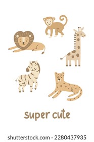 super cute safari animals poster. Vector illustration of giraffe, lion, monkey, zebra, leopard.