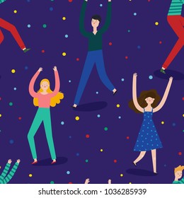 Super cute seamless pattern with Dancing People. Vector Party texture with happy people and confetti. 