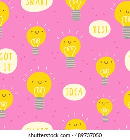 Super cute seamless pattern with happy Light Bulb Idea illustration. Fun texture about Idea with cartoon Bulb. 