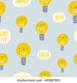 Super cute seamless pattern with happy Light Bulb Idea illustration. Fun texture about Idea with cartoon Bulb.
