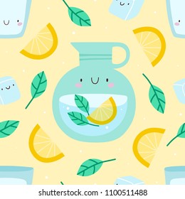 Super Cute Seamless Pattern With Lemonade, Mint And Lemons. Abstract Vector Texture With Glass Of Water And Jar Of Lemonade. Summer Drink Background.