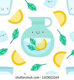 Super cute seamless pattern with Lemonade, Mint and Lemons. Abstract vector texture with Glass of water and Jar of Lemonade. Summer drink background.