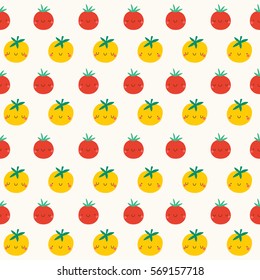 Super cute seamless pattern with Tomatoes. Red Tomato and Yellow Tomato hand drawn texture. Hand drawn Smiley characters about healthy food.