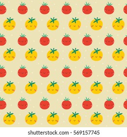 Super cute seamless pattern with Tomatoes. Red Tomato and Yellow Tomato hand drawn texture. Hand drawn Smiley characters about healthy food.