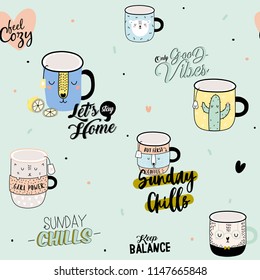 Super cute seamless pattern in vector. Funny illustration a coffee cups. Good for cafe and restaraunt. Blue background