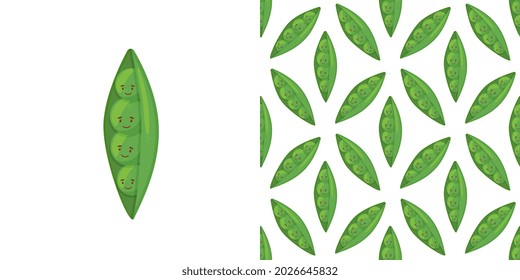 Super cute seamless pattern with Vegetables - tasty green Peas. Fresh Peas in cartoon style. Hand drawn Smiley characters about healthy food.
