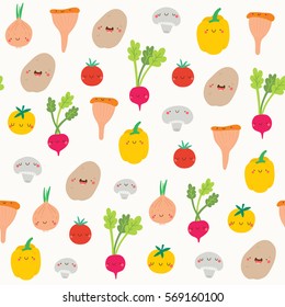 Super Cute Seamless Pattern With Vegetables - Tomato, Potato, Mushroom, Onion And Other Tasty Greens. Different Vegetables In Cartoon Style. Hand Drawn Smiley Characters About Healthy Food.
