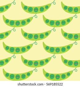 Super cute seamless pattern with Vegetables - tasty green Peas. Fresh Peas in cartoon style. Hand drawn Smiley characters about healthy food.